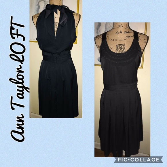 LOFT BLACK FIT & FLARE DRESS W/TIE AT BACK NECK~12 - Picture 1 of 6